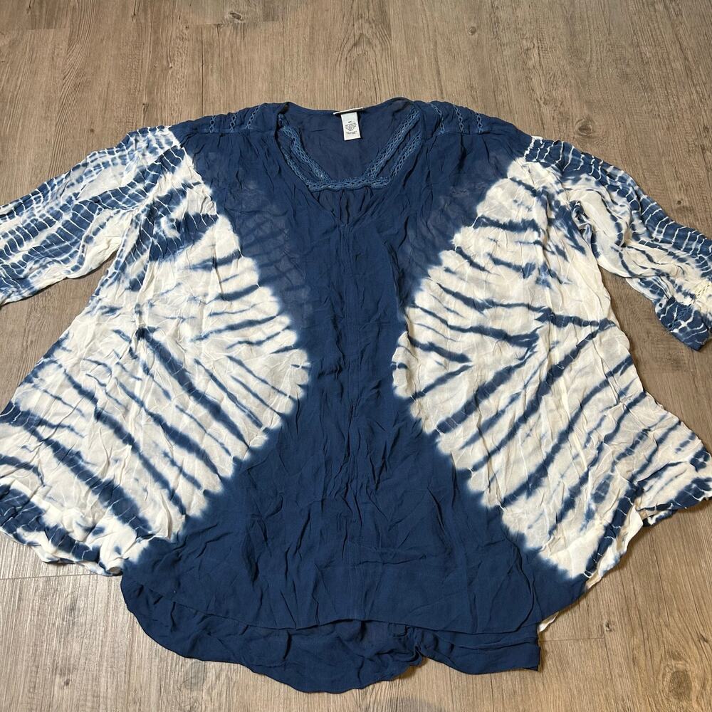 Catherines Tie Dye Tunic Womens V-Neck 3/4 Sleeve Boho Navy and White Top 0X